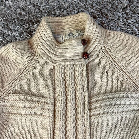 Vintage Cable Knit Cardigan Sweater Mens Womens Medium M Beige Pure Wool 70s 80s - Picture 3 of 16